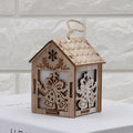 Three wooden Christmas house decorations showing log bell, old man house, and snowman house styles in natural wood colour