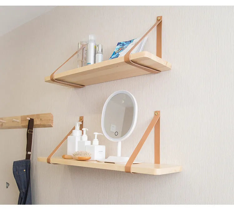 Pine wood wall mounted storage shelf in Nordic style for books and small items.
