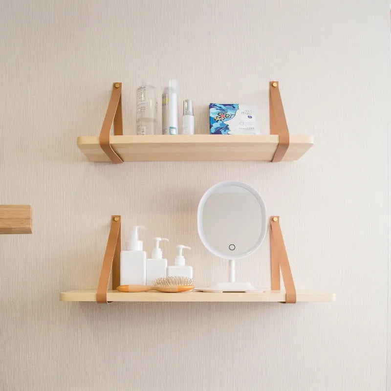Pine wood wall mounted storage shelf in Nordic style for books and small items.