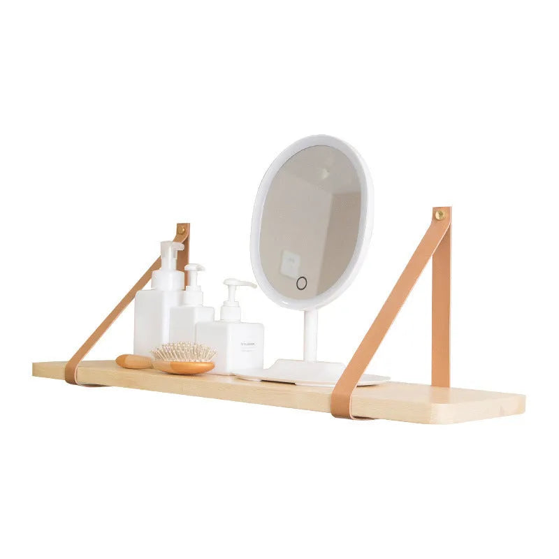 Pine wood wall mounted storage shelf in Nordic style for books and small items.
