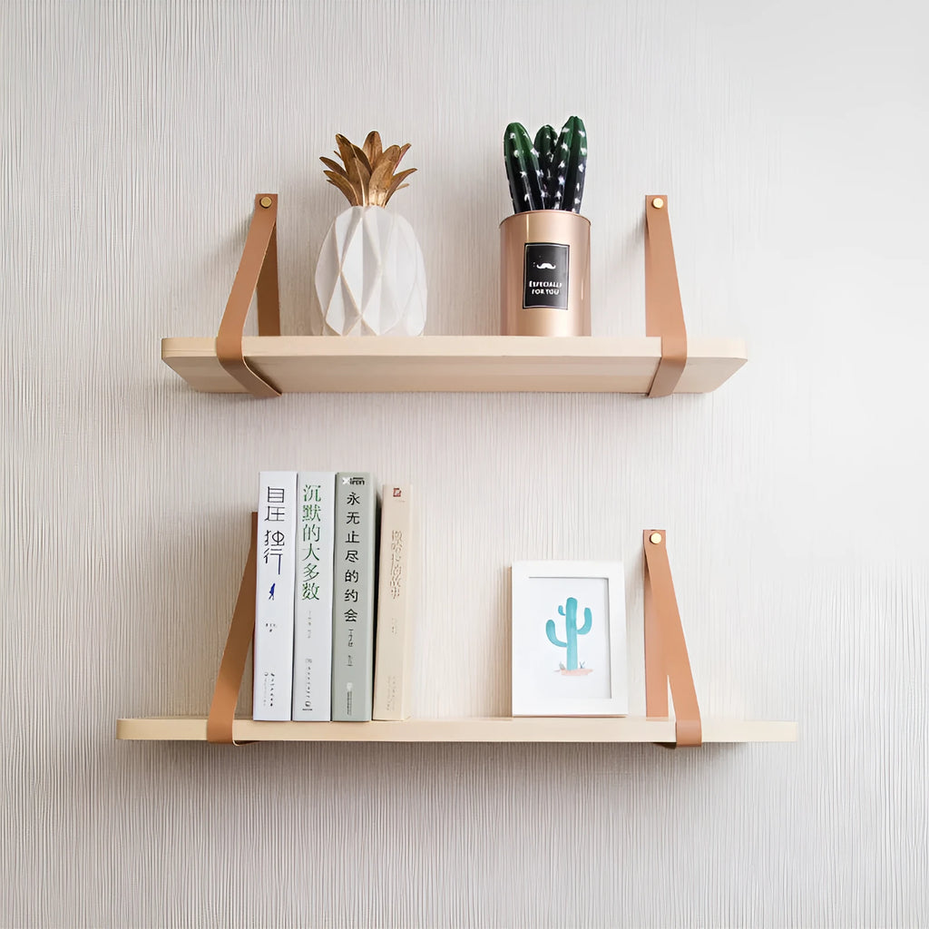 Pine wood wall mounted storage shelf in Nordic style for books and small items.