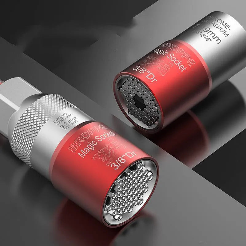 Red metric socket set with 7-19mm and 9-21mm sleeves for electric screwdriver attachment