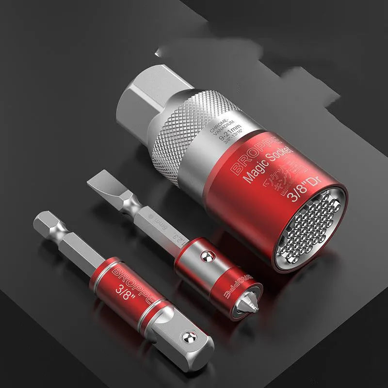 Red metric socket set with 7-19mm and 9-21mm sleeves for electric screwdriver attachment