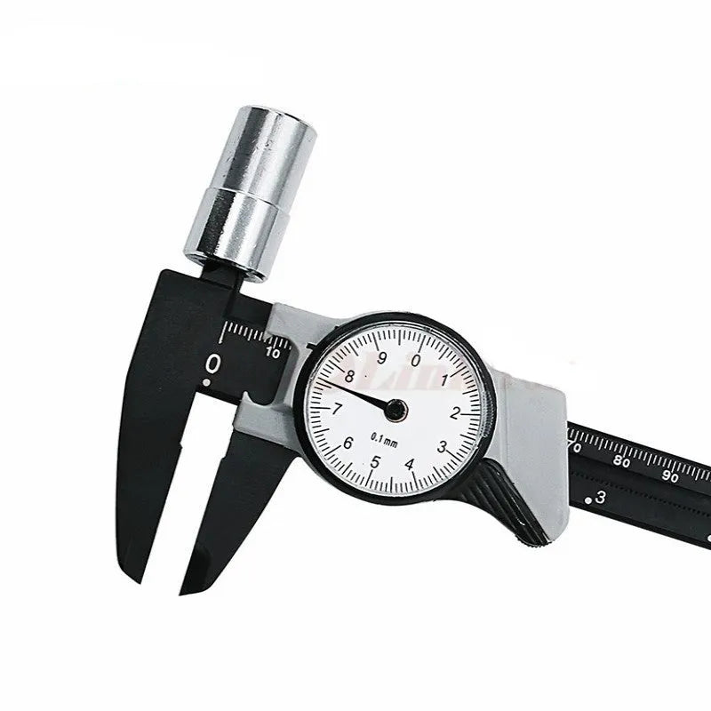 Black plastic vernier caliper showing 0-150mm measurement scale with 0.1mm graduation markings