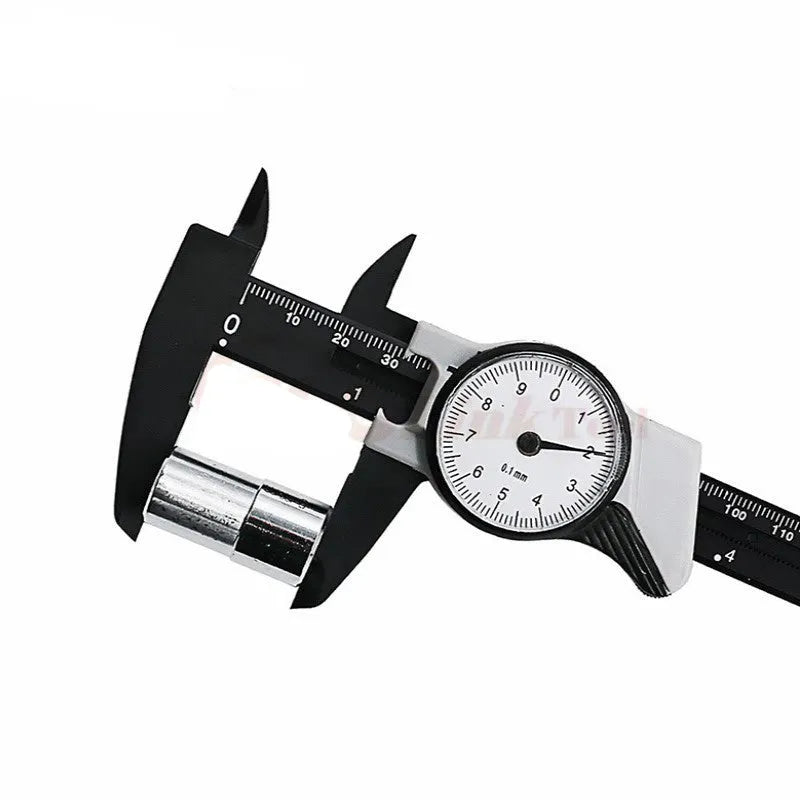 Black plastic vernier caliper showing 0-150mm measurement scale with 0.1mm graduation markings