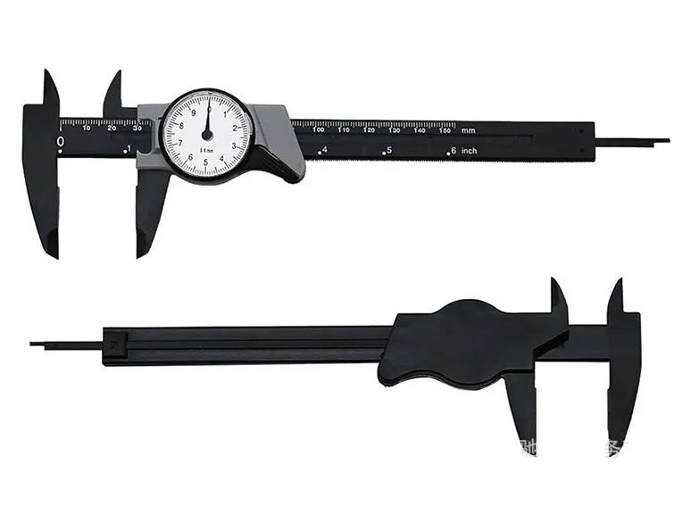 Black plastic vernier caliper showing 0-150mm measurement scale with 0.1mm graduation markings