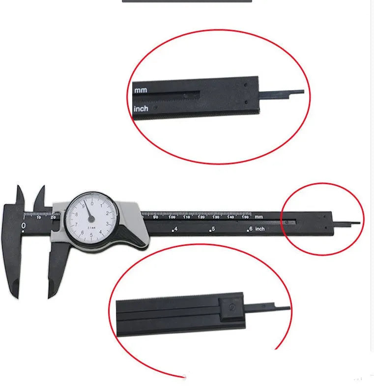 Black plastic vernier caliper showing 0-150mm measurement scale with 0.1mm graduation markings