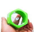 Yellow spiral vegetable cutter with 8cm diameter creating cucumber spirals in kitchen