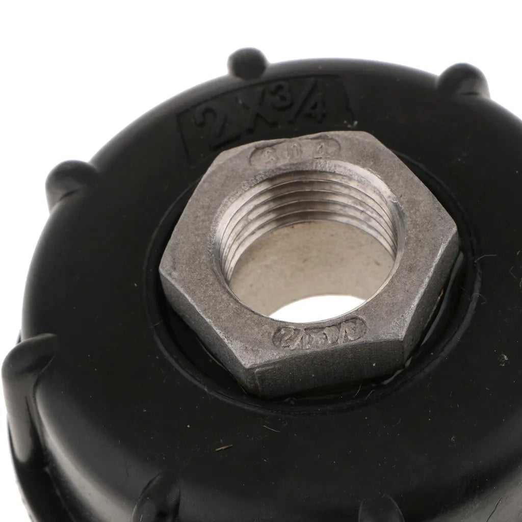 Black stainless steel barrel connector for urea and water barrels with long inlet thread
