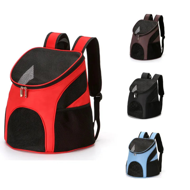 Medium-soft pet backpack carrier showing red, black, brown and blue colour options with S and L size labels