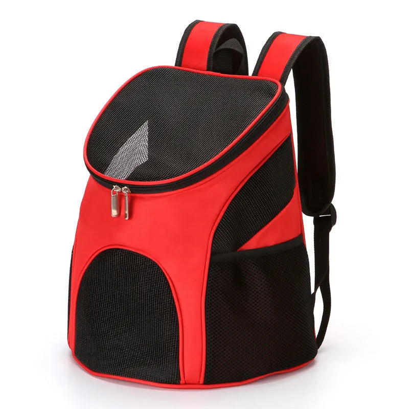 Medium-soft pet backpack carrier showing red, black, brown and blue colour options with S and L size labels