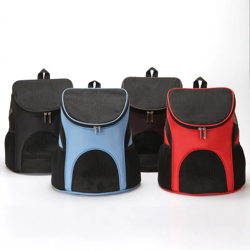 Medium-soft pet backpack carrier showing red, black, brown and blue colour options with S and L size labels