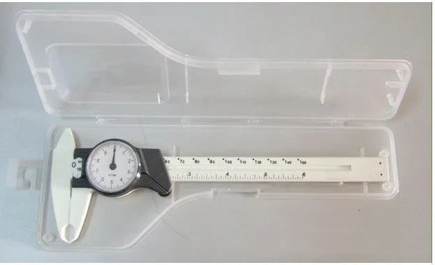 Black plastic vernier caliper showing 0-150mm measurement scale with 0.1mm graduation markings