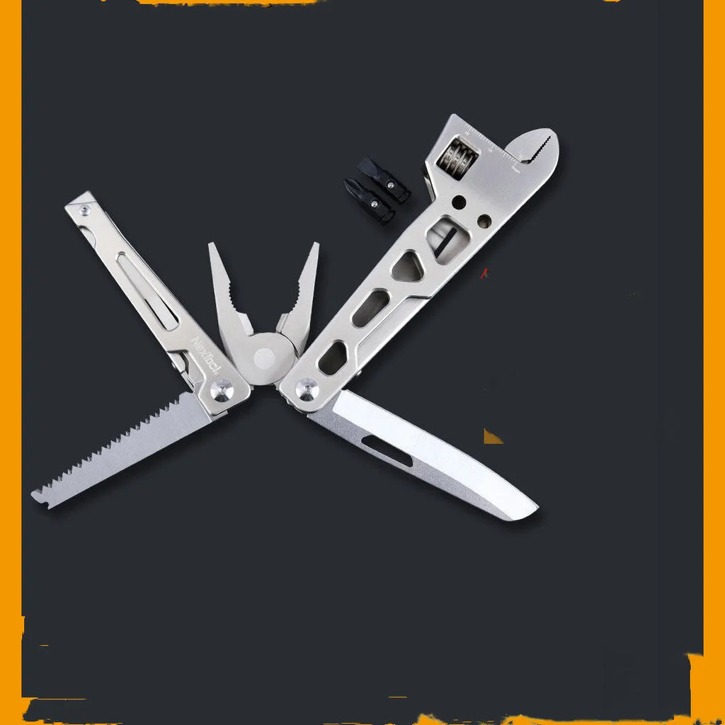 White stainless steel multi-function tool showing wrench, knife blade, and needle nose pliers design