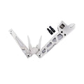 White stainless steel multi-function tool showing wrench, knife blade, and needle nose pliers design