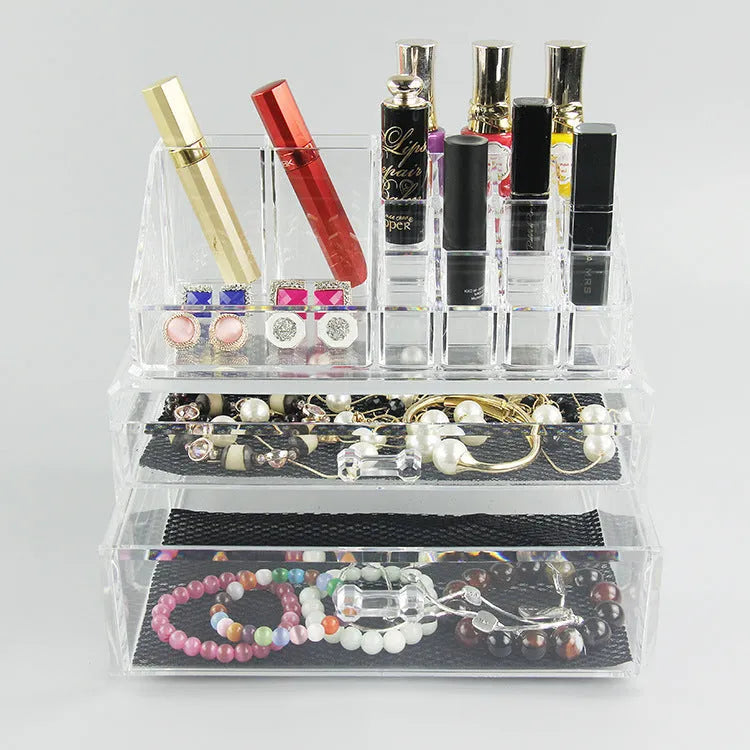Transparent acrylic foldable makeup storage organiser showing 240x150x190mm dimensions