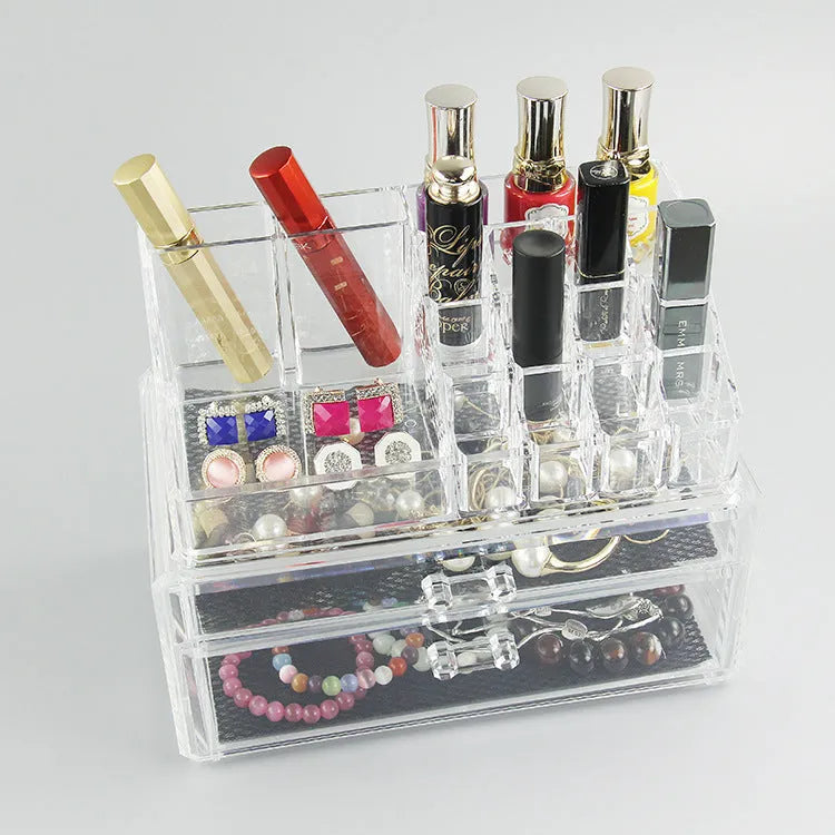Transparent acrylic foldable makeup storage organiser showing 240x150x190mm dimensions