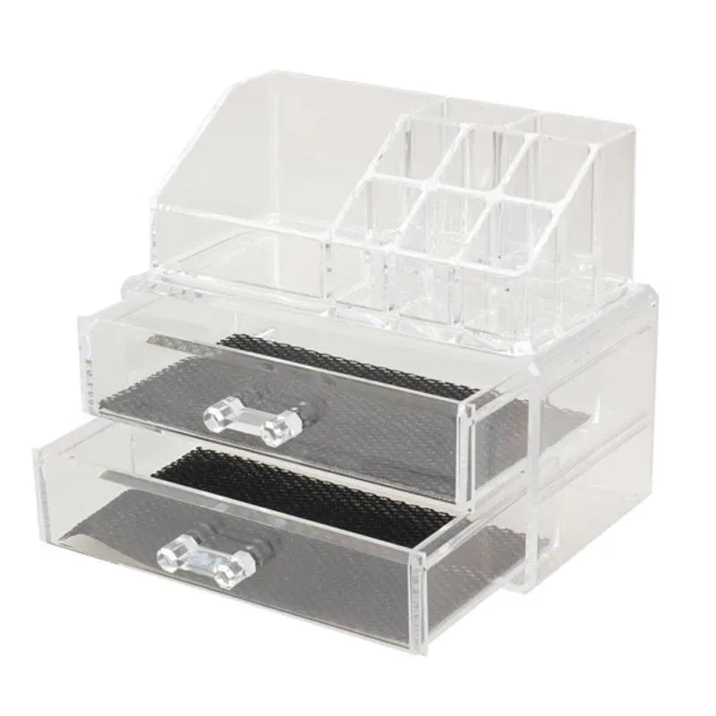 Transparent acrylic foldable makeup storage organiser showing 240x150x190mm dimensions
