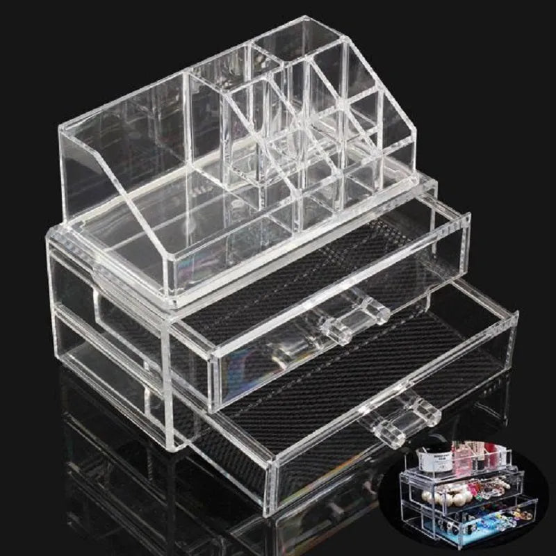 Transparent acrylic foldable makeup storage organiser showing 240x150x190mm dimensions