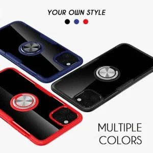 iPhone case with built-in car holder arm in navy blue, showing PU material and lightweight 50g design for protection.