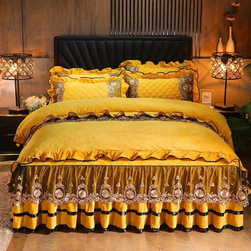 Lace edge bedskirt in polar fleece fabric with coordinating pillowcases in five colour options