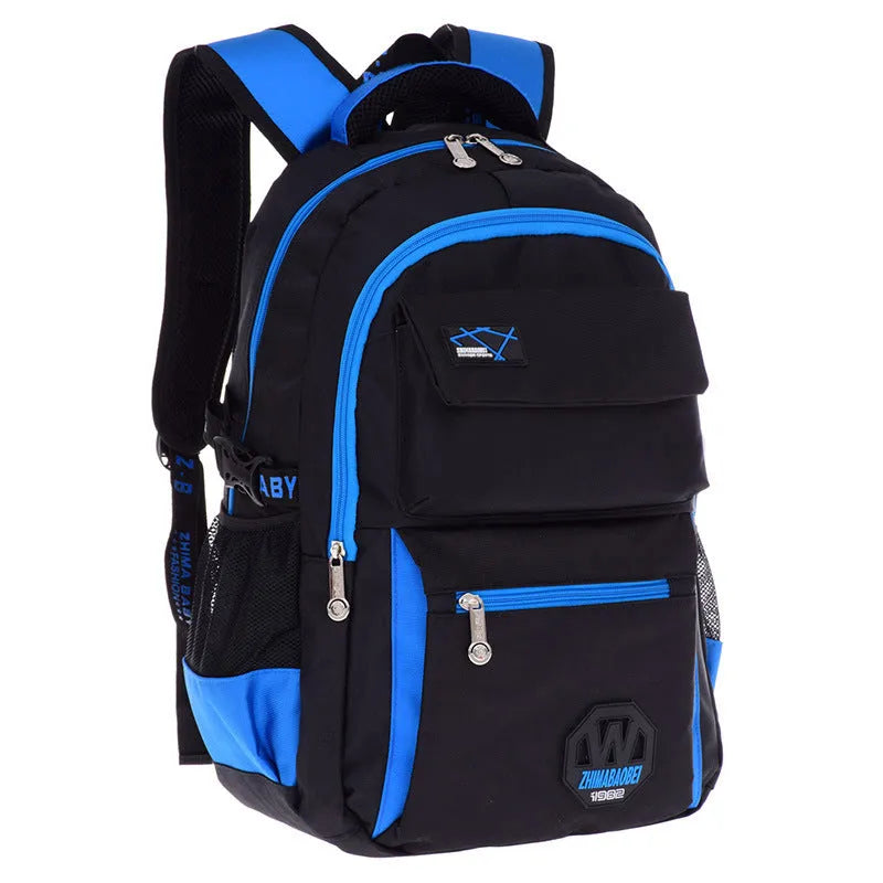Waterproof nylon schoolbag in multiple colours with side compartments for student supplies