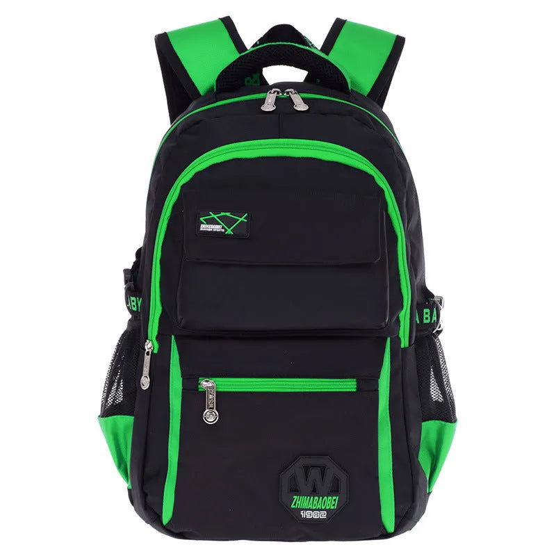Waterproof nylon schoolbag in multiple colours with side compartments for student supplies