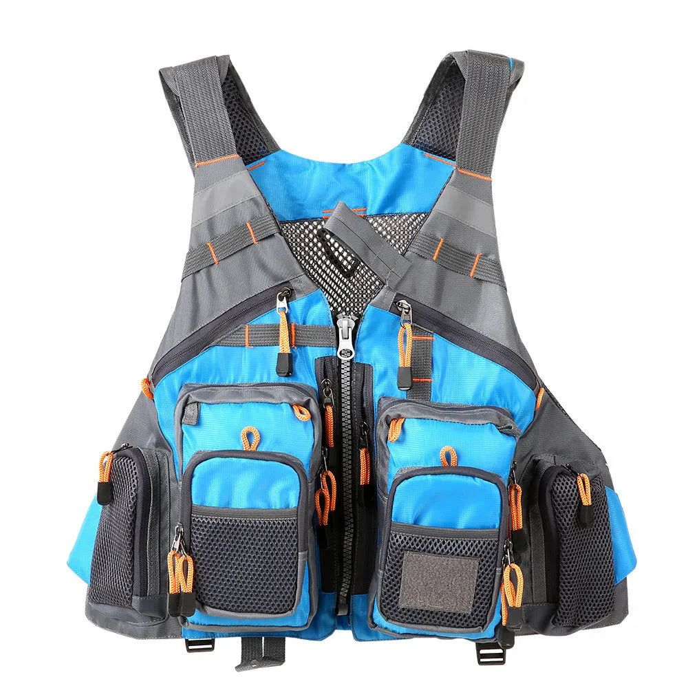 Grey fishing life jacket with removable foam, adjustable straps, and reflective strips on back and shoulders