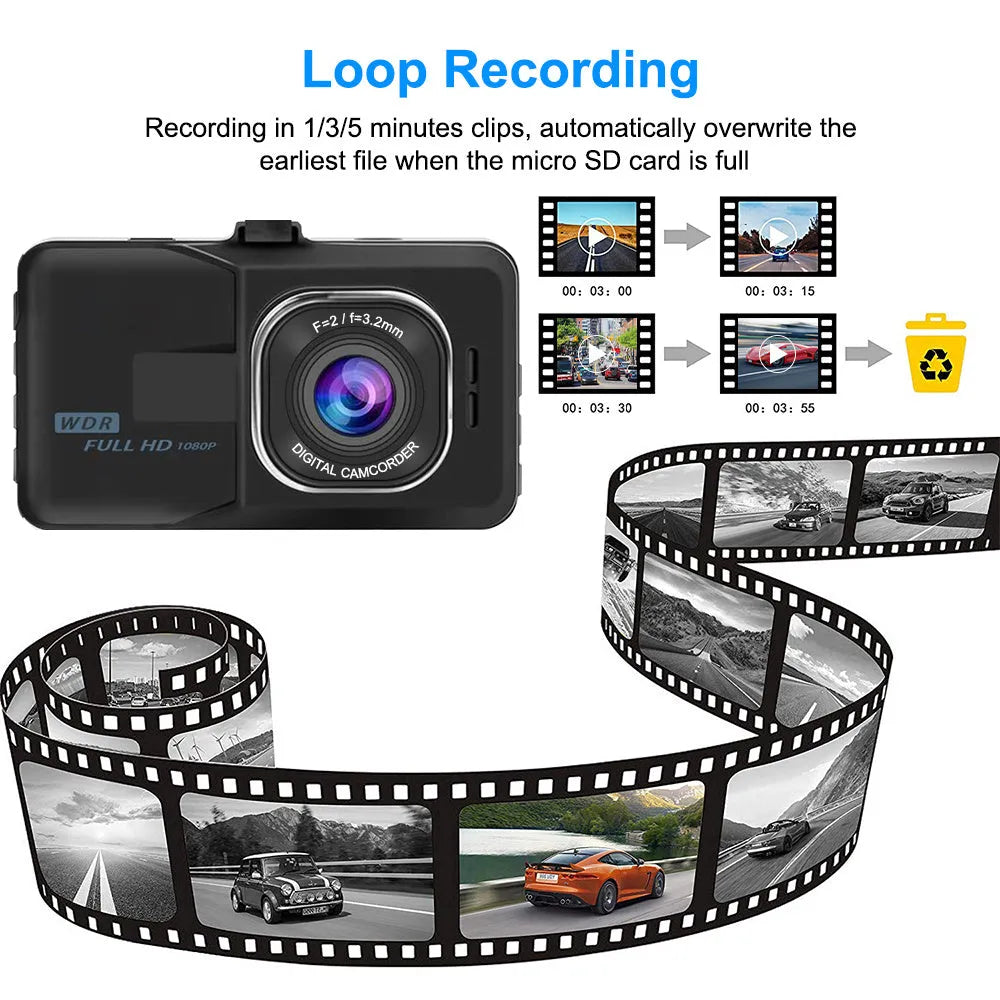 HD Night Vision Driving Recorder with 3.0 inch screen, 140 degree angle, 92x53x17 mm body, and included bracket.