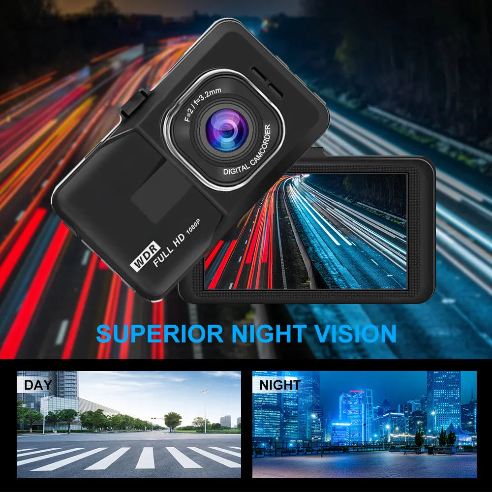 HD Night Vision Driving Recorder with 3.0 inch screen, 140 degree angle, 92x53x17 mm body, and included bracket.