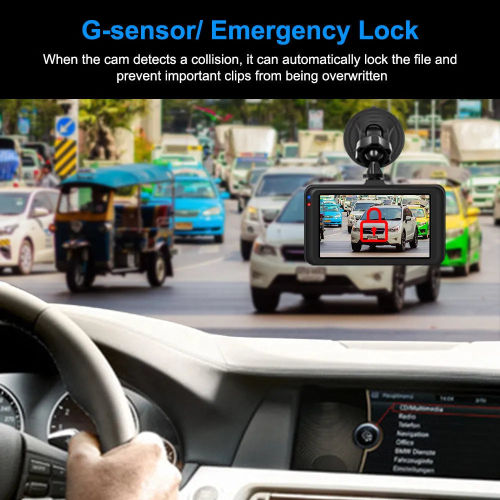 HD Night Vision Driving Recorder with 3.0 inch screen, 140 degree angle, 92x53x17 mm body, and included bracket.
