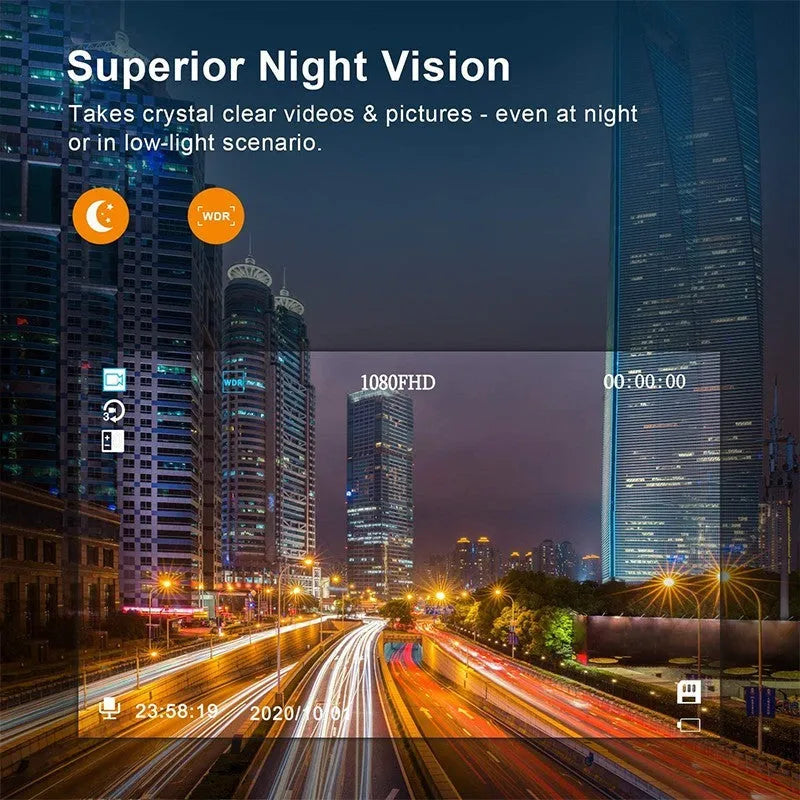 HD Night Vision Driving Recorder with 3.0 inch screen, 140 degree angle, 92x53x17 mm body, and included bracket.