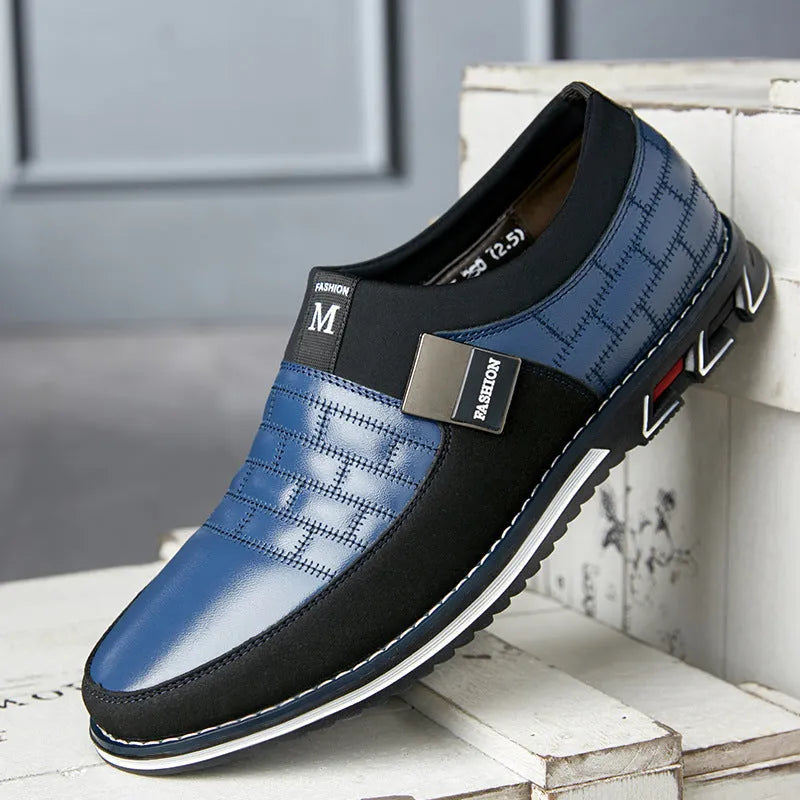 Men's black casual leather shoes with low upper design on size conversion table showing 38-48 range