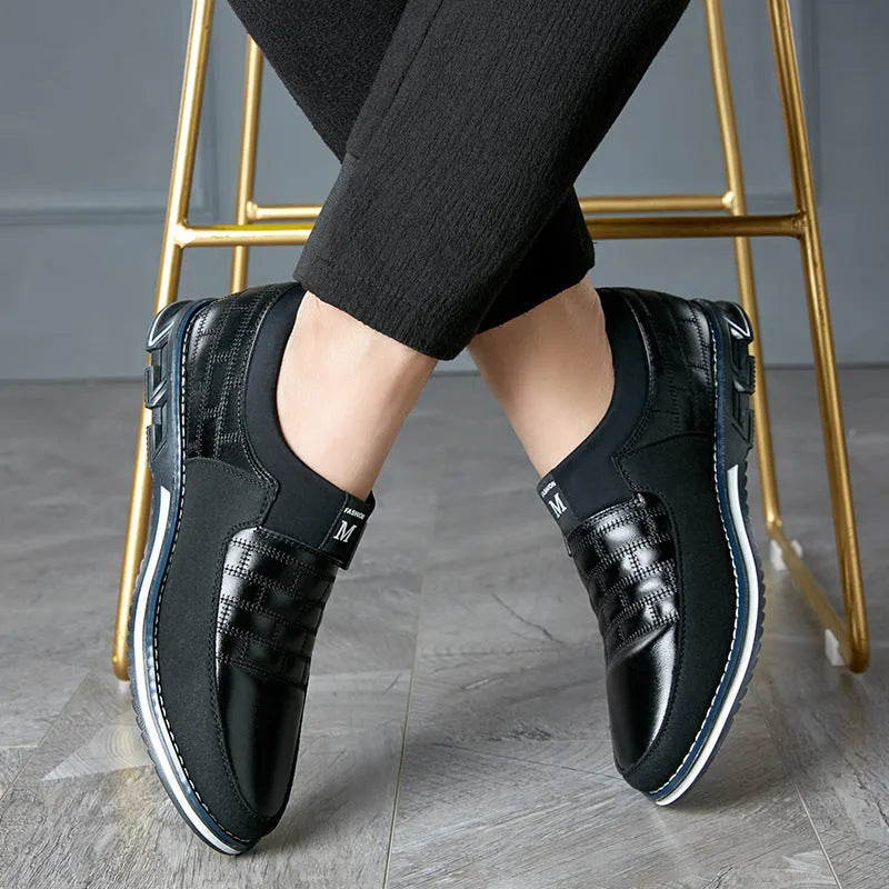 Men's black casual leather shoes with low upper design on size conversion table showing 38-48 range