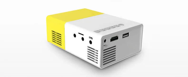 HD 1080P mini projector in black, blue, or yellow with compact design measuring 126.4*85.8*47.7mm