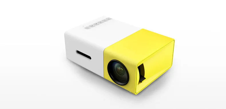 HD 1080P mini projector in black, blue, or yellow with compact design measuring 126.4*85.8*47.7mm