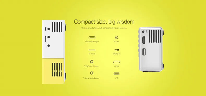 HD 1080P mini projector in black, blue, or yellow with compact design measuring 126.4*85.8*47.7mm