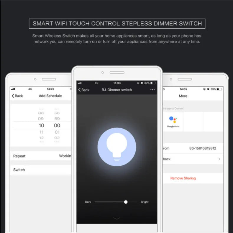 120 type smart WiFi dimmer switch with touch control panel in black or white options