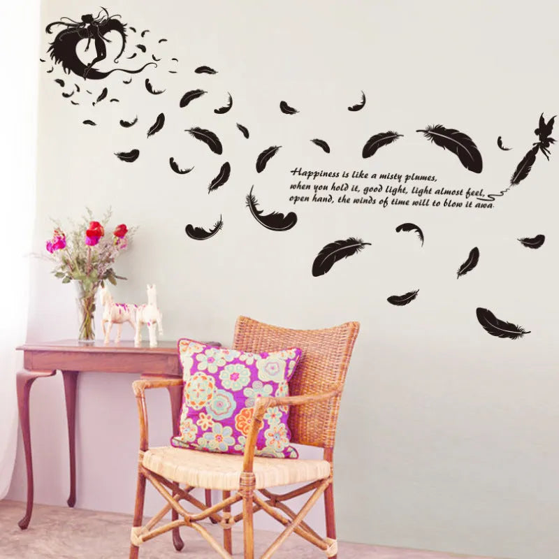 Black feather angel three generations design removable wall sticker measuring 50 by 70 centimetres.