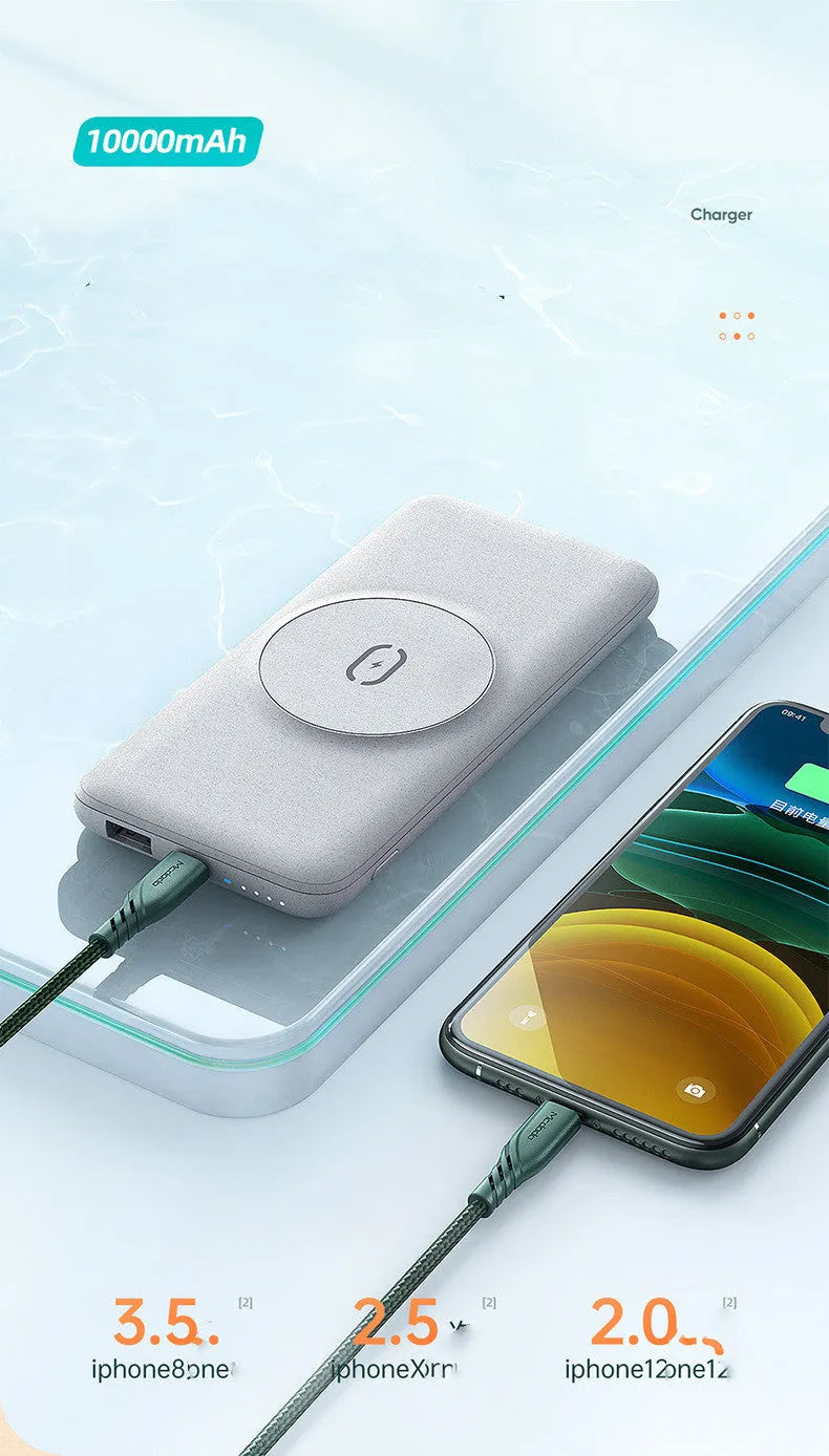 Maiduo Magsafe magnetic wireless charging power bank in mint green or silver white grey, showing back clip and compact design