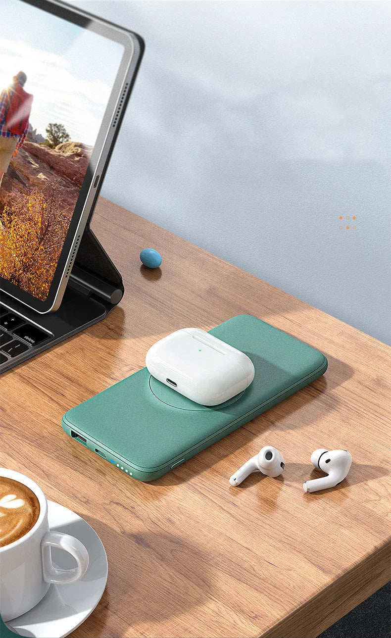 Maiduo Magsafe magnetic wireless charging power bank in mint green or silver white grey, showing back clip and compact design