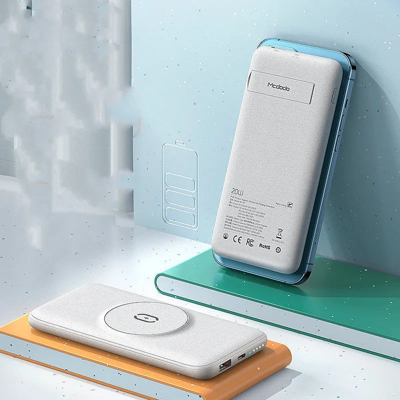 Maiduo Magsafe magnetic wireless charging power bank in mint green or silver white grey, showing back clip and compact design