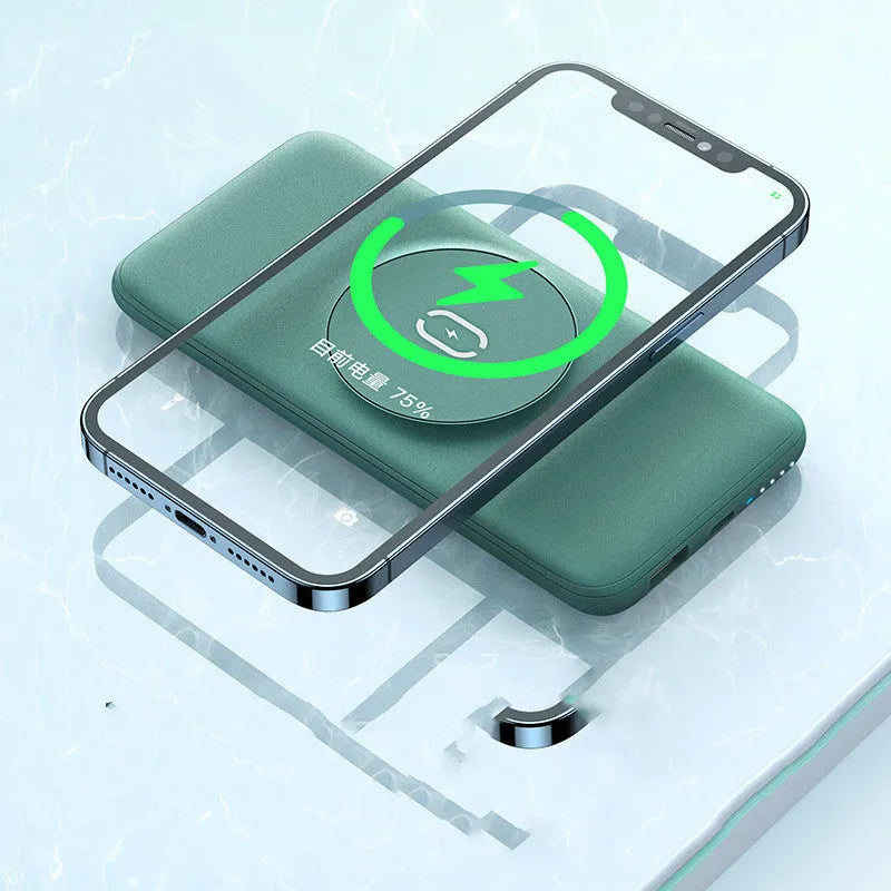 Maiduo Magsafe magnetic wireless charging power bank in mint green or silver white grey, showing back clip and compact design