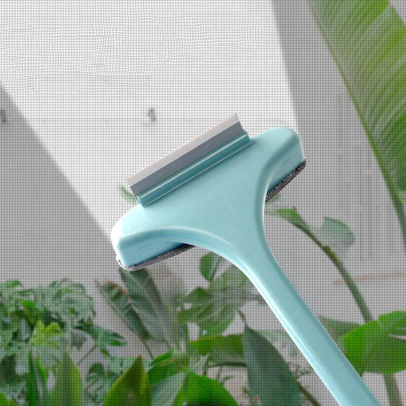 Household window cleaning brush and glass scraper tool kit with gap brush in blue or pink.