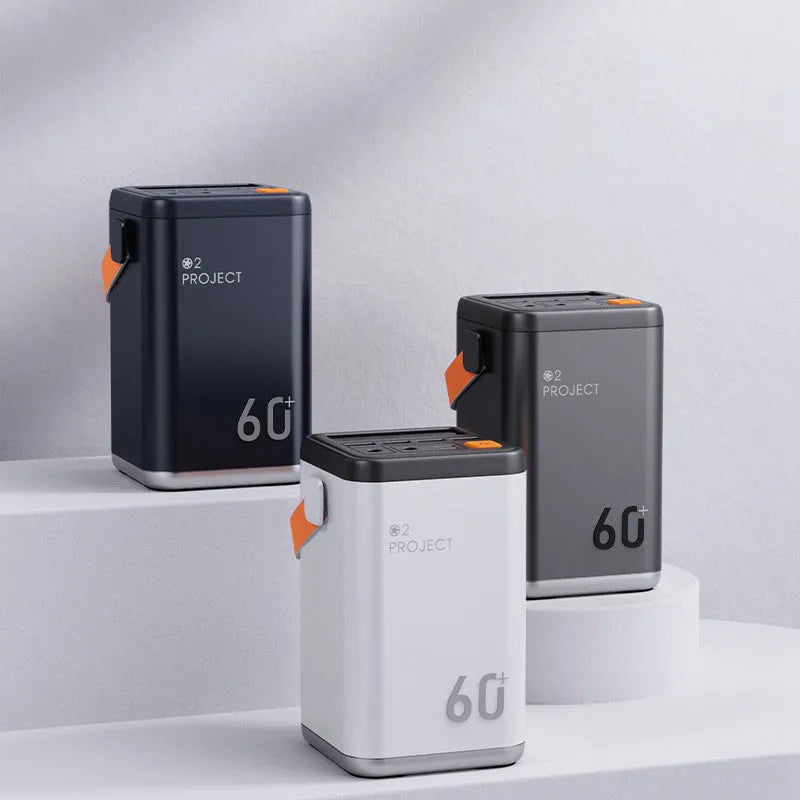 Large grey outdoor power bank with multiple USB ports and a 60000mAh capacity label