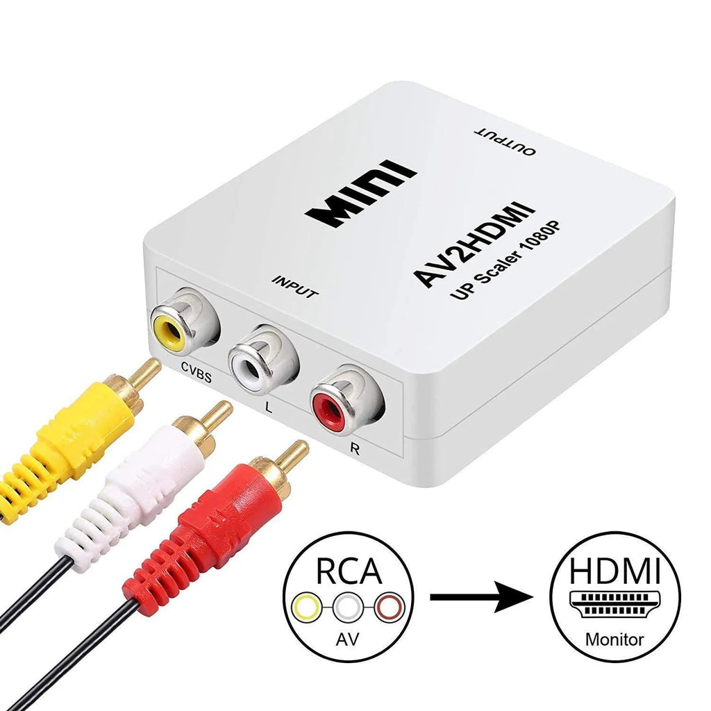 White and black AV to HDMI converter with 0.5-metre cable for connecting legacy devices to HDMI displays