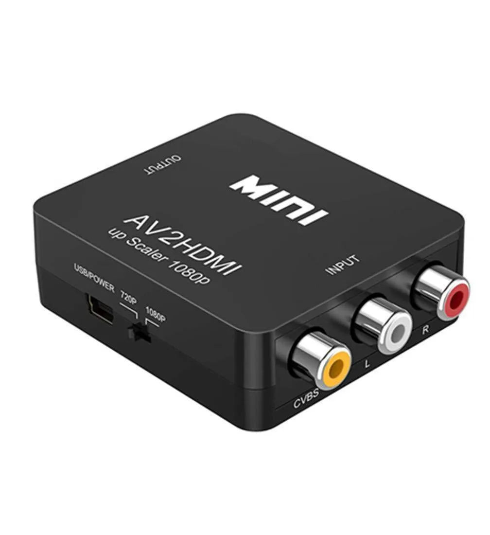 White and black AV to HDMI converter with 0.5-metre cable for connecting legacy devices to HDMI displays