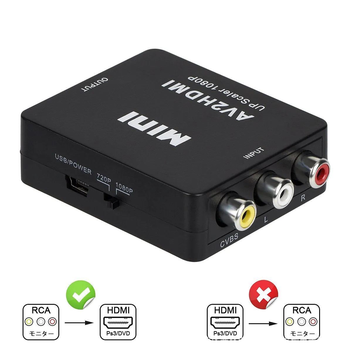 White and black AV to HDMI converter with 0.5-metre cable for connecting legacy devices to HDMI displays
