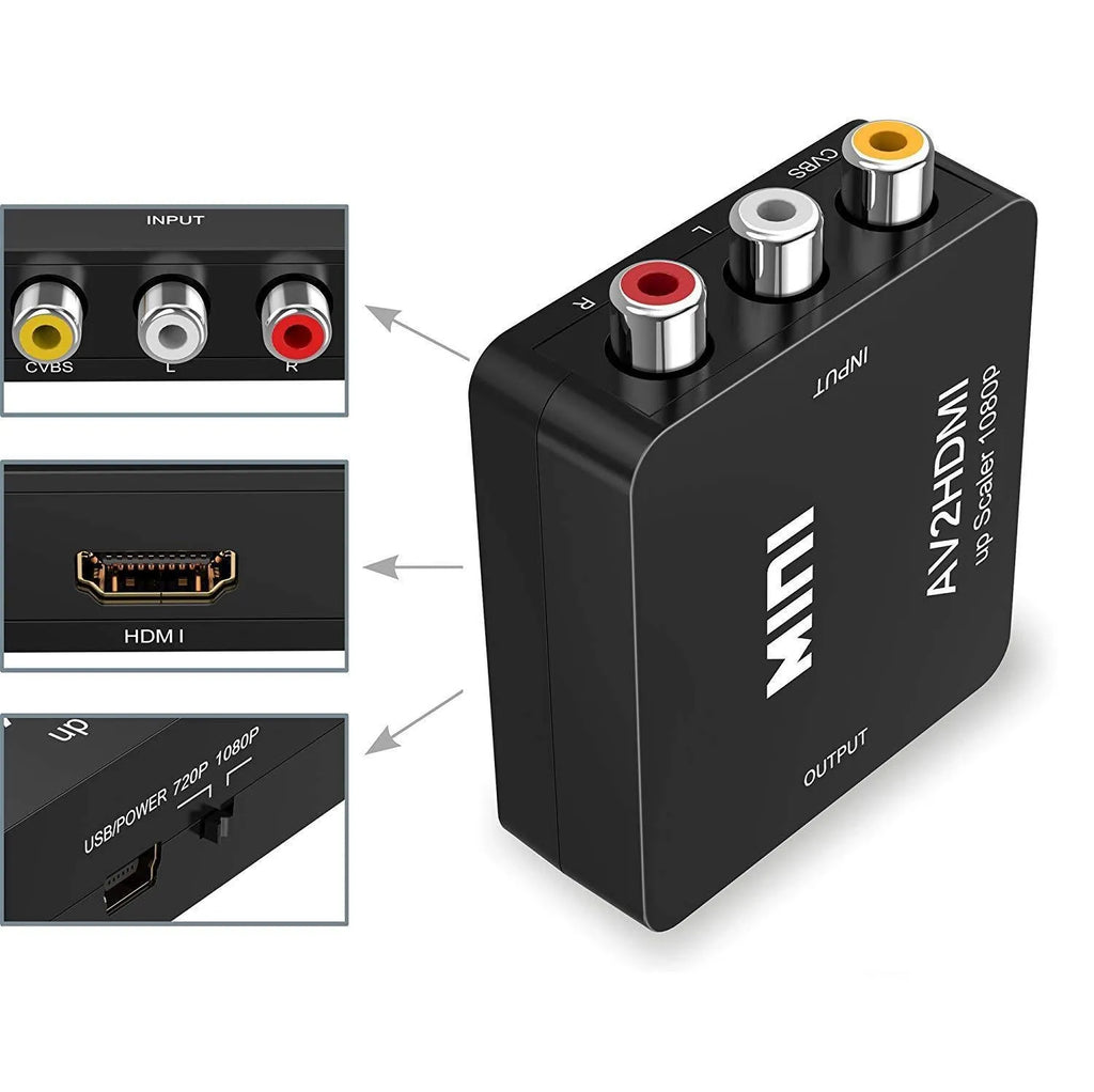 White and black AV to HDMI converter with 0.5-metre cable for connecting legacy devices to HDMI displays