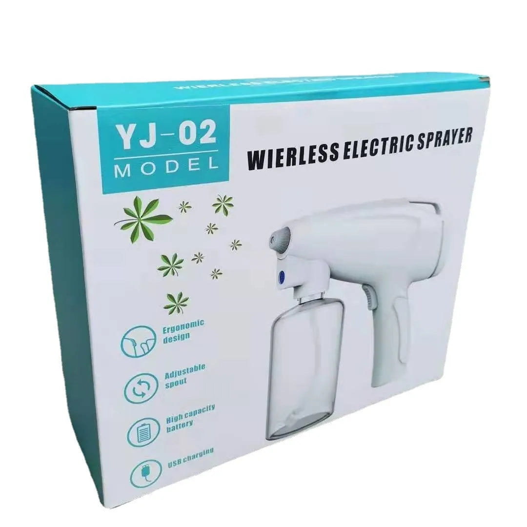 White handheld cordless spray disinfection gun with USB Type-C charging port and anti-blocking nozzle